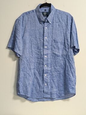 Viyella  Short Sleeve 100% Linen  Button Shirt. Blue. Shiny Linen. Size Large.